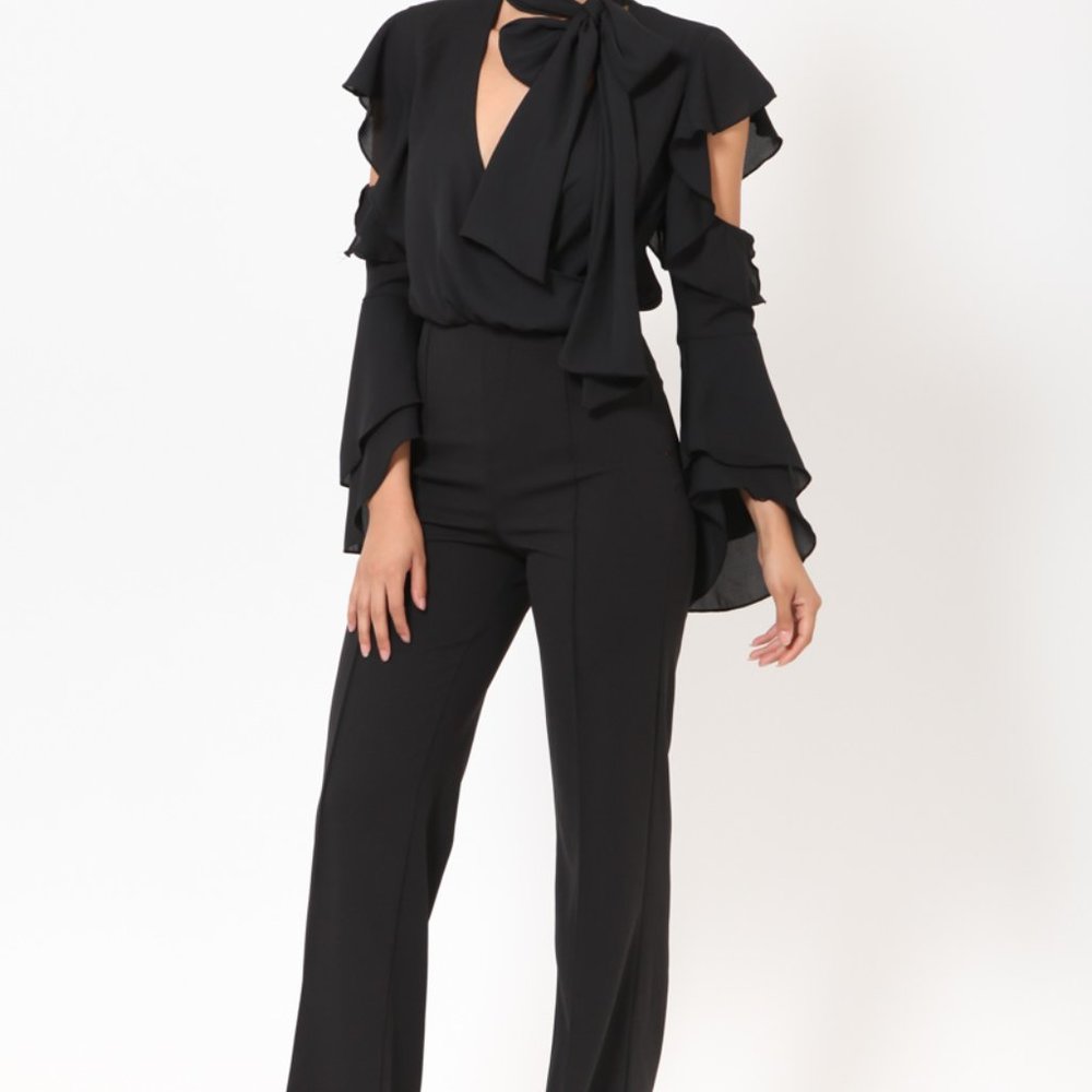 NWT Sexy Black Tuxedo Jumpsuit Cold Shoulder Small - Picture 3 of 9